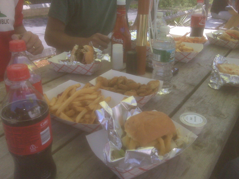 joe's humble kitchen milford nh :: matt's burger, fries, coke, deep fried pickles