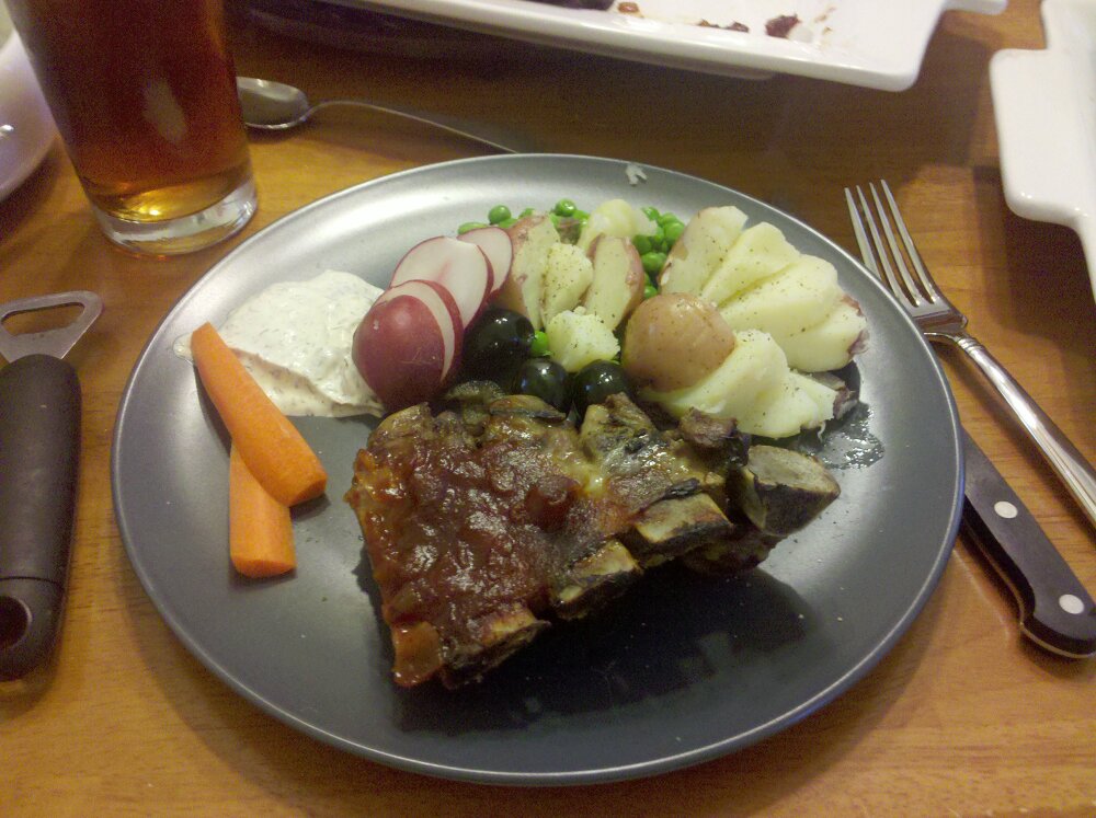 Greenbelt, MD :: Pork Ribs with Secret Sauce, Farmers Market New Potatoes with Fresh Peas, Fresh Vegetables.