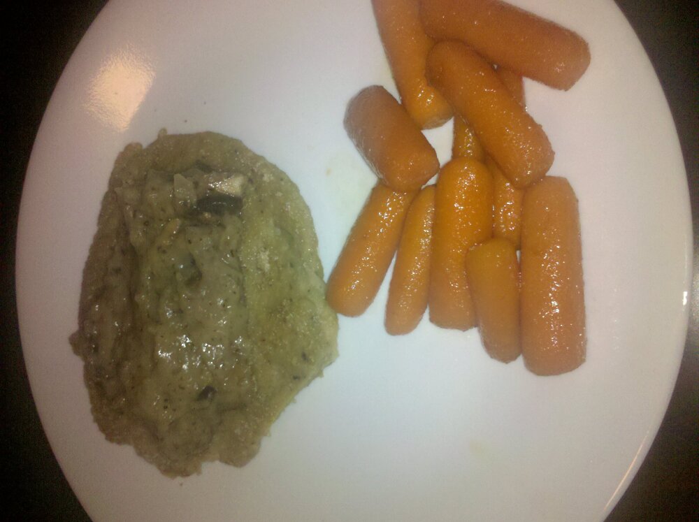 Houston tx :: homemade seitan chops with vegan savory gravy, carrots sauteed in vegan margarine and sprinkled with turbinado sugar