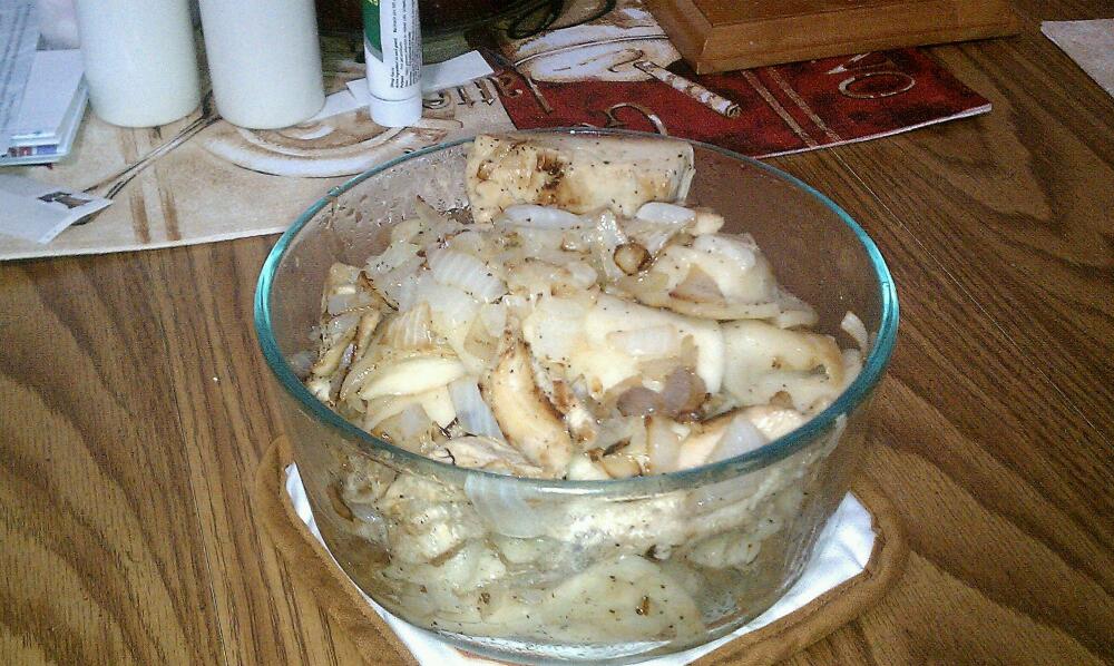 new britain ct :: potatoes onion perogies with chicken for 3 of us