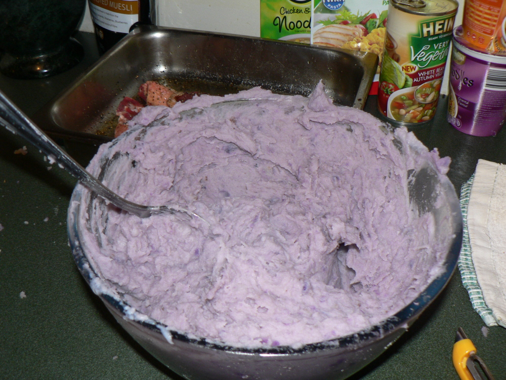 brisbane australia :: Purple sweet potato mash!  It tasted great, not too different to regular potato.... I didn't know it was a purple potato until I peeled!!