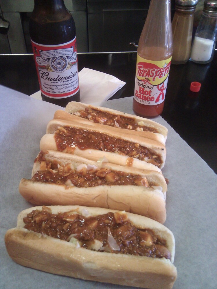 The Roast Grill, Raleigh, N.C. :: Four chili dogs with slaw, a nice Bud... and two more chili dogs followed these.