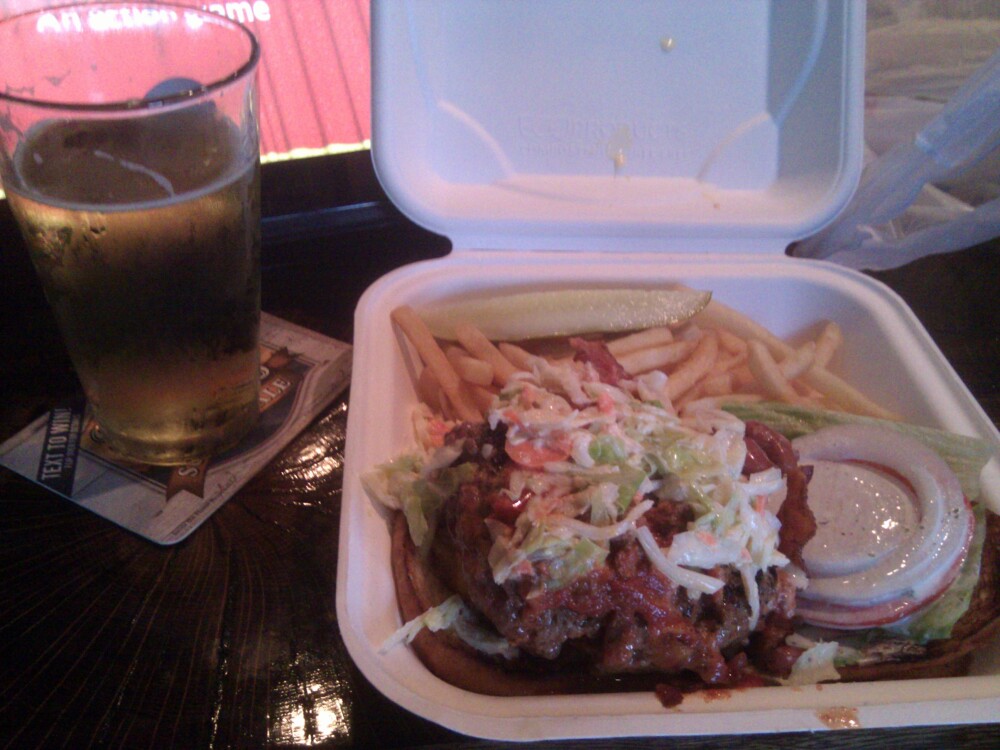 Gatehouse Tavern, Wake Forest, NC :: Cardiac Burger - fried Cheddar, onion rings, cole slaw, chili, Bacon... mmmmm... aptly named