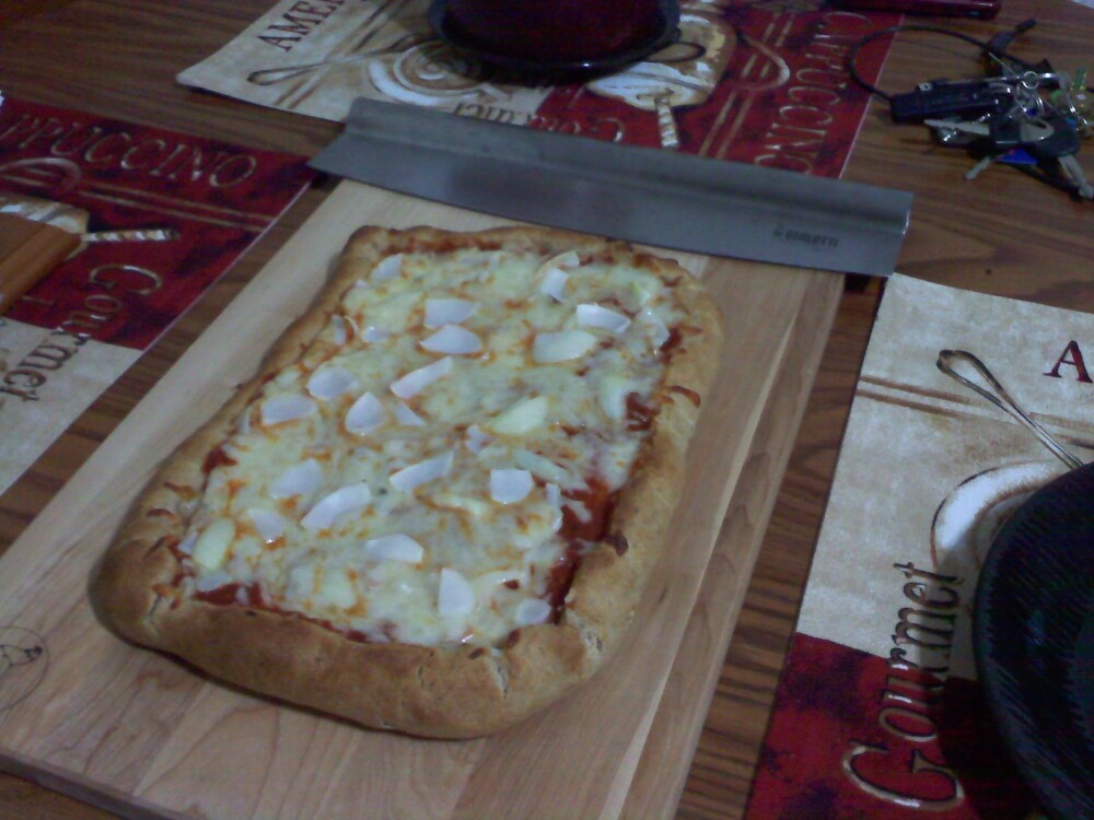 New Britain CT :: Aunt Vesta's homemade pizza dough recipe with Italian pizza sauce, some mozzarella cheese and onions! :)