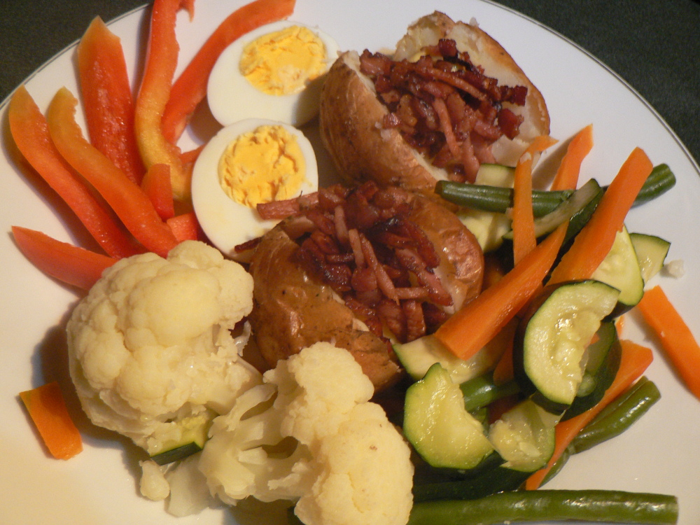 Brisbane, Australia :: "vegetarian" meal with bacon!  Steamed veggies, boiled eggs and roasted potatoes........ was delish!