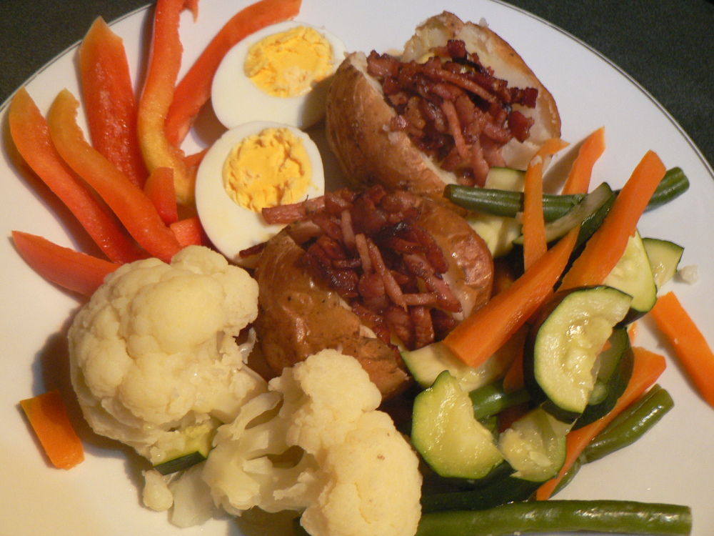 Brisbane, Australia :: "vegetarian" meal with bacon!  Steamed veggies, boiled eggs and roasted potatoes........ was delish!