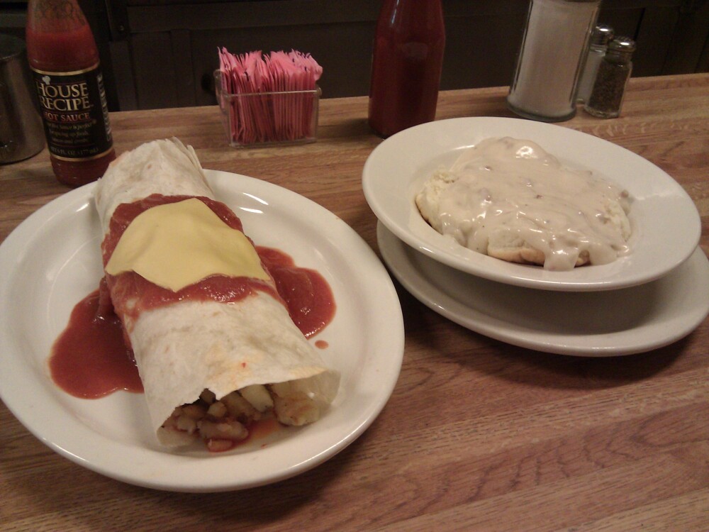 Deluca's, Pittsburgh, PA :: The Famous Breakfast Burrito (with chorizo) and biscuits and gravy.