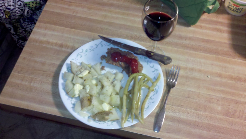 Milford, NH :: grass fed beef meatloaf, potatoes, wax beans, and red wine. 