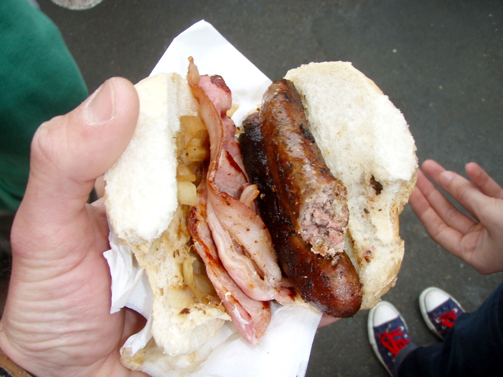 Borough Market, London, England :: Sausage and English bacon sandwich, I think it was all local. paid £6, which equals about $9. yeah, it was worth it.