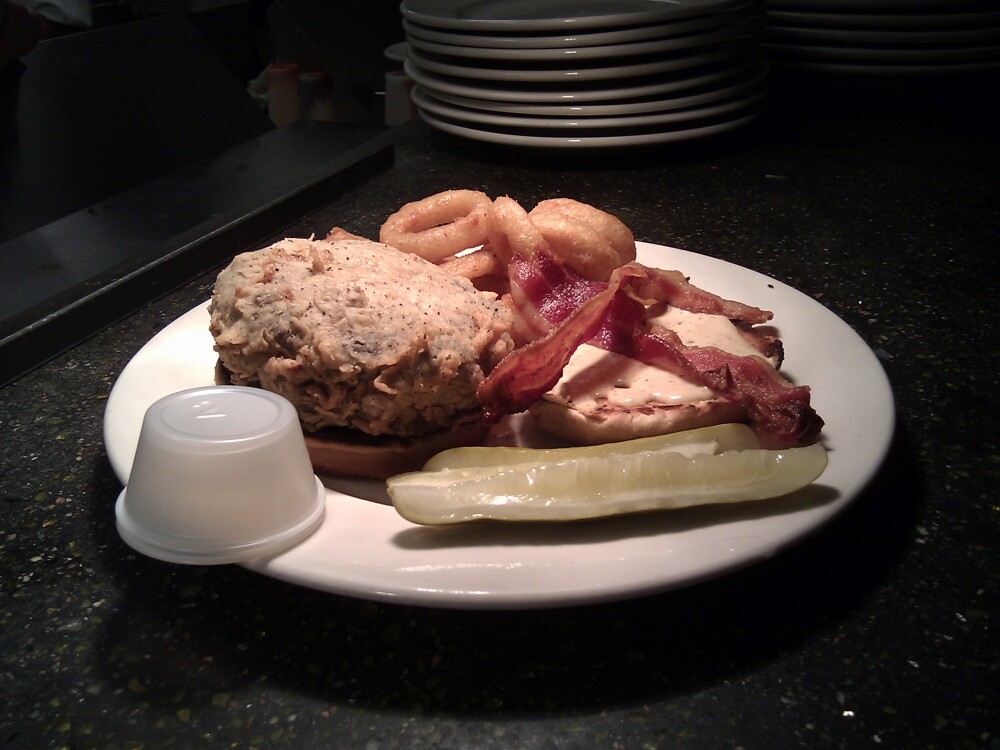 Gatehouse Tavern  :: The Kennyburger - a 10 oz fresh-ground sirloin burger, stuffed with bleu cheese, bacon, and diced habanero... cooked medium rare, then buttermilk battered and deep fried.  Dear Lord, someone get me a fistful of blood thinners.