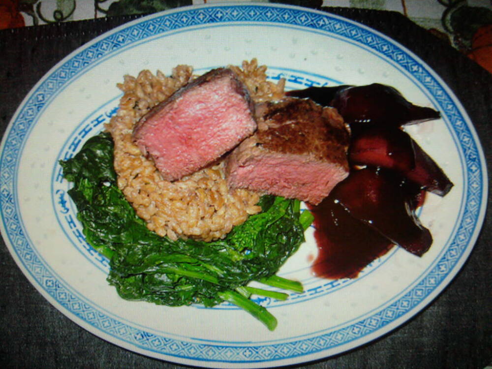eastern ct :: beef tenderloin with farrow,broccoli rabe and port wine poached pears 
