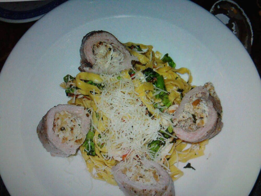 eastern ct :: crab and asparagus stuffed veal with asparagus lemon burre blanc tossed with fettuccini and shaved ricotta salata
