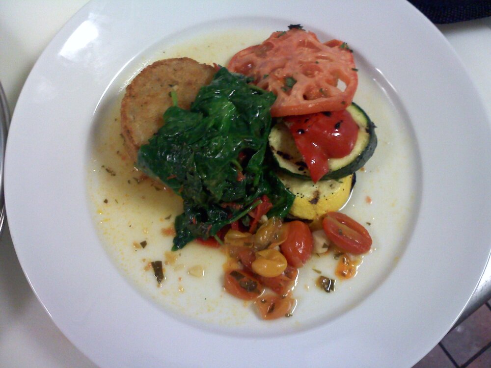 everett ma :: fried rissotto with summer veg stack sauteed spinach and rst tom with a rst tom broth