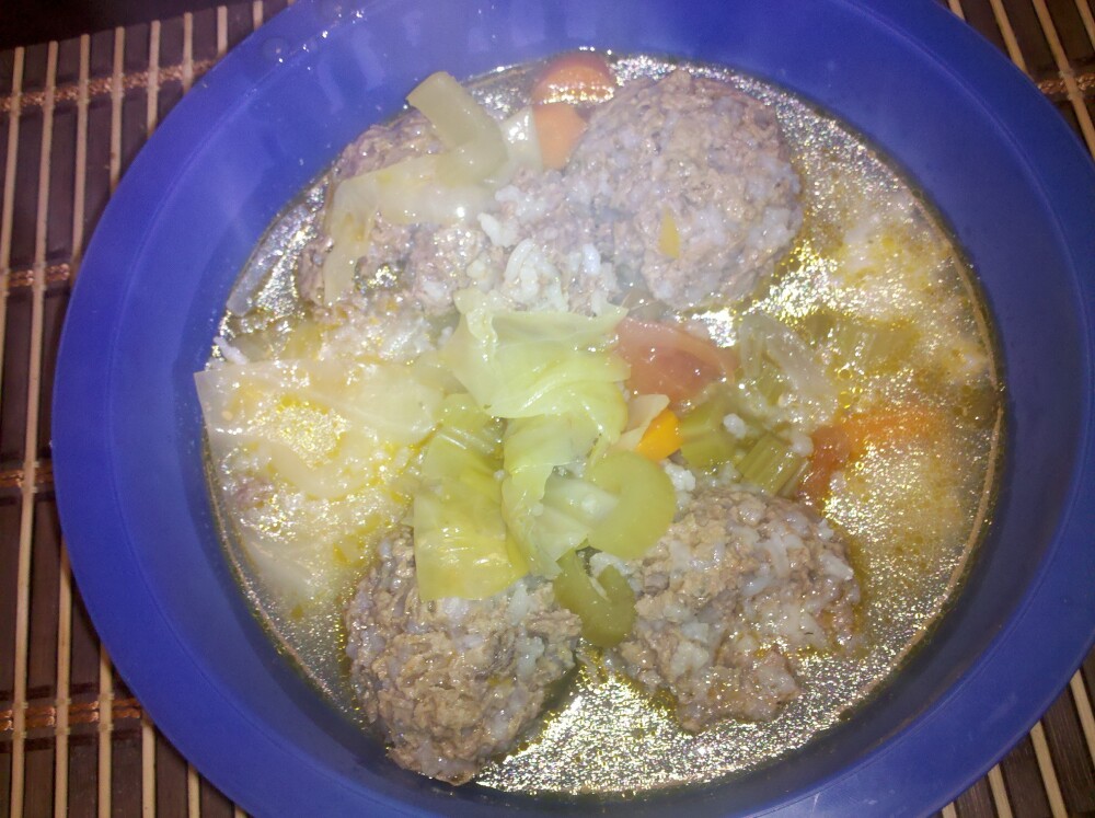 Drew's  :: Albondigas...Aka Meatball soup.meatballs with rice rolled with cabbage carrots rice celery.Yumm