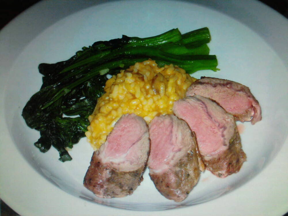 eastern ct :: here's something filling for this cold rainy day in new england. roasted lamb loin with pumpkin risotto and broccoli rabe 