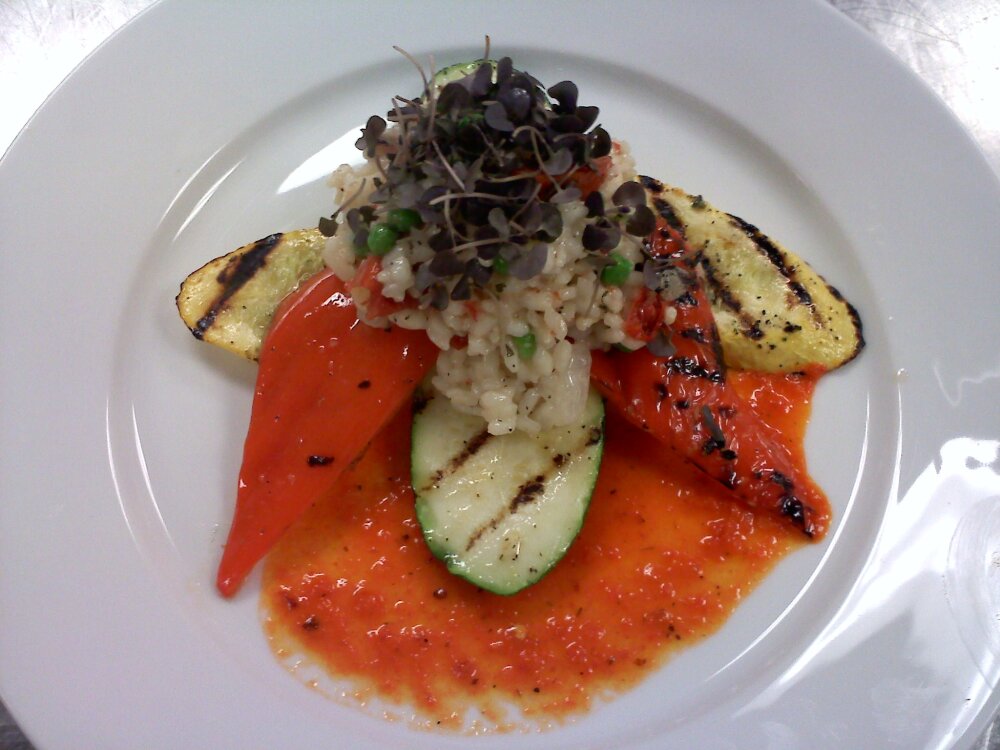everett ma :: roasted tom and pea rissotto with grilled summer veg and a red pepper couillie sauce topped with micro purple basil