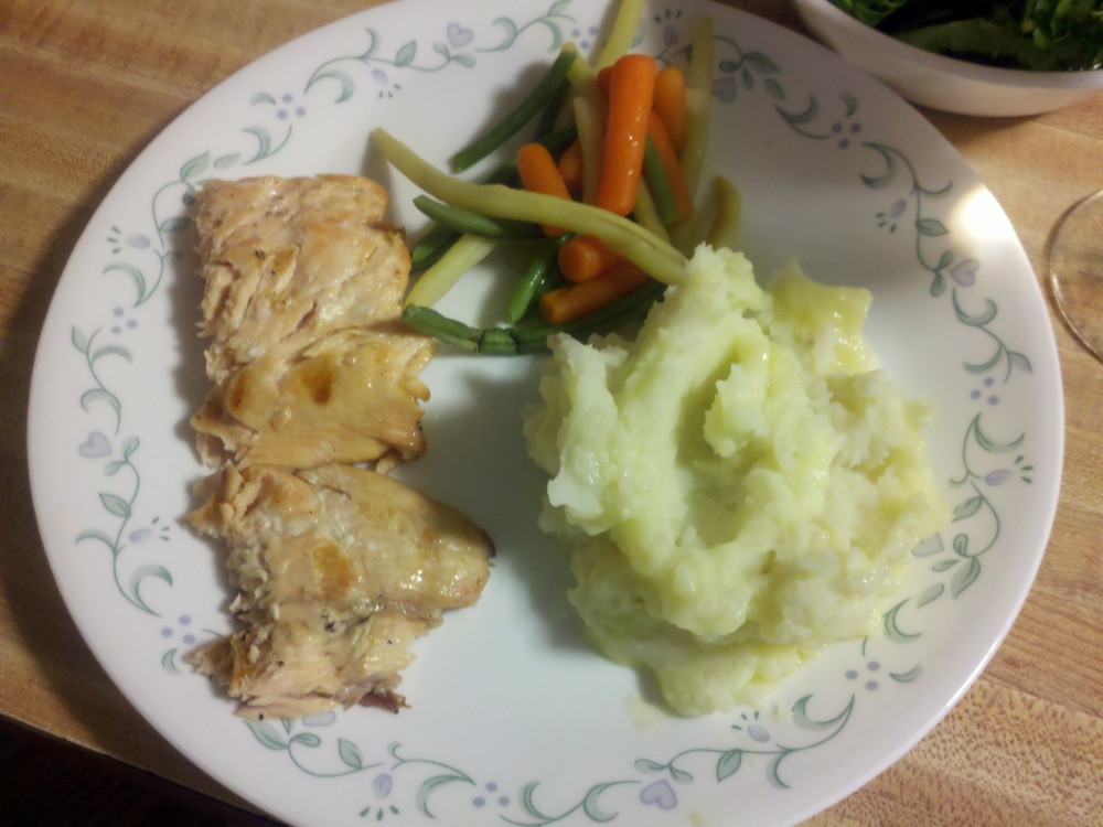 Milford,  NH :: salmon on the grill, mashed potatoes,  beans and carrots, salad, and white wine.