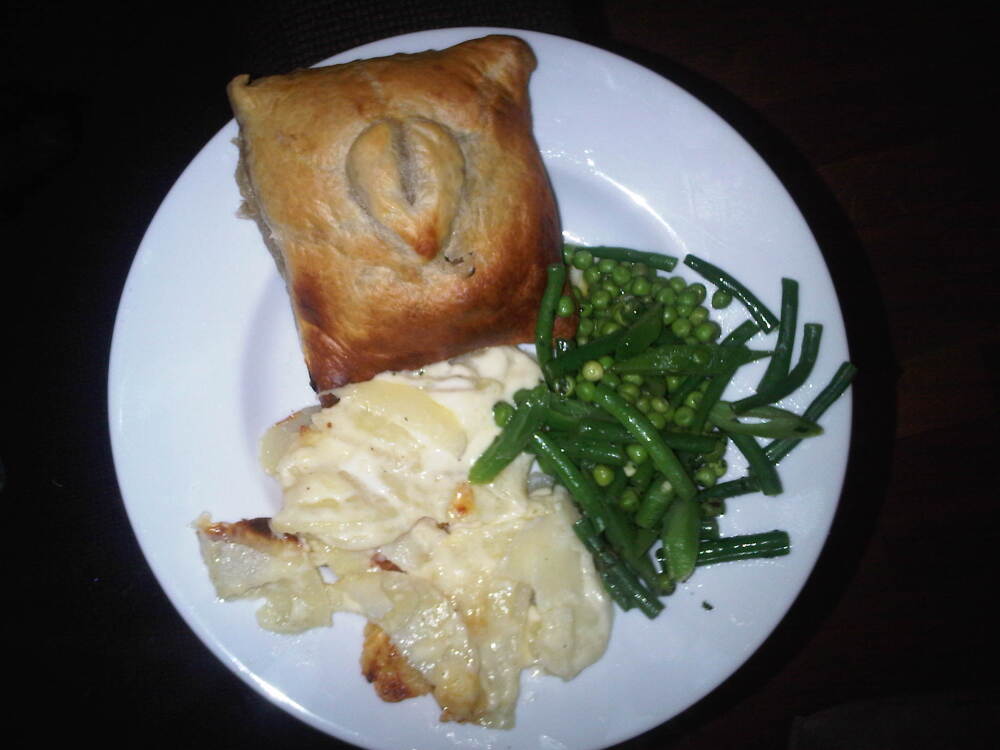 at home in london :: Beef wellington with dauphinoise potatoes and green beans with peas..really good but a bit too heavy!