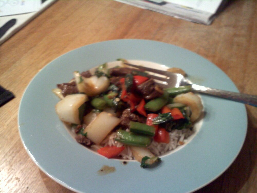 USA :: steak and rice with snow peas and red peppers!