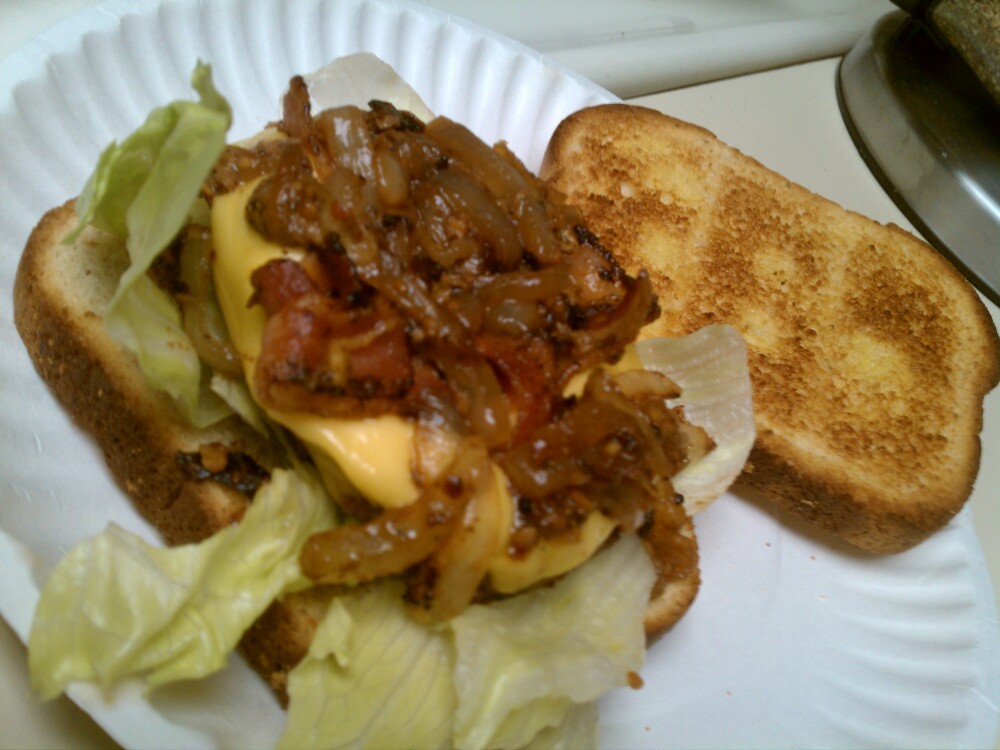 ALLENTOWN,PA :: turkey burger seasoned to your liking w sauteed onions and garlic, American chz,Bacon,lettuce,honey wheat oven toasted delicioussssly....now eat it!