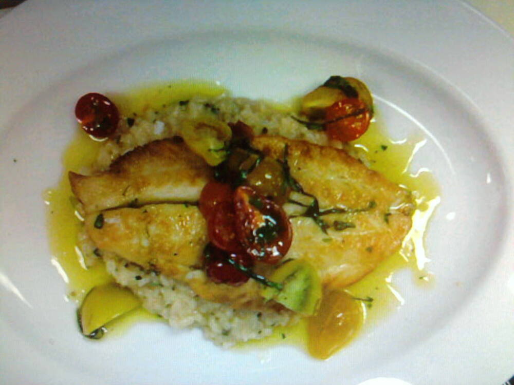 eastern ct :: pan seared flounder over a lemon basil risotto with heirloom grape tomatos and lemon infused oil