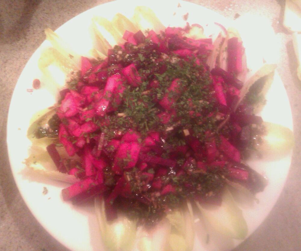 Bradenton :: Roasted beet and apple salad over endive leaves with a raspberry balsamic vinegarette. Tasted way better then it looks in this piscture