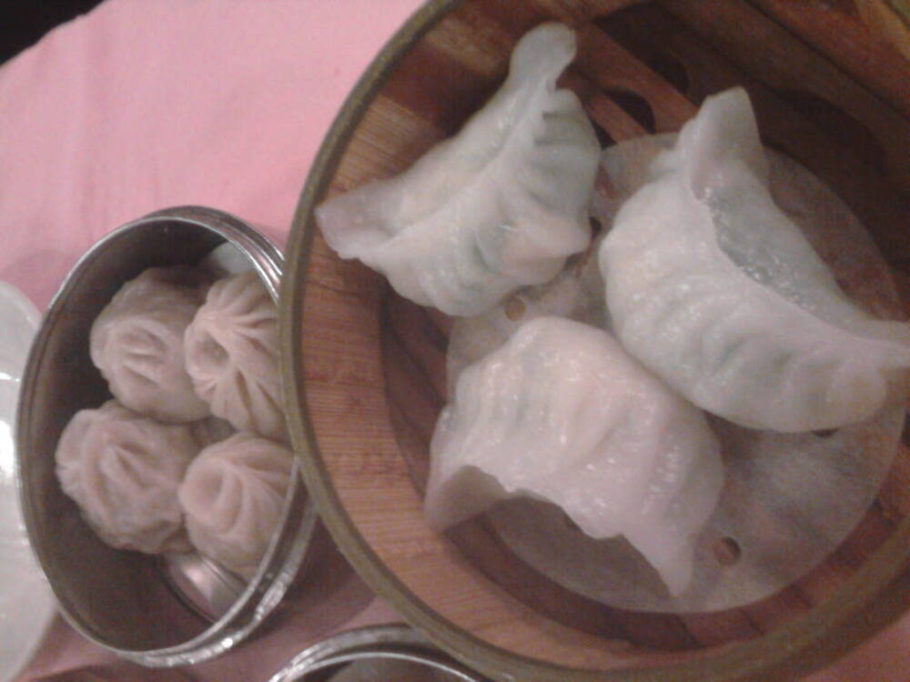 eastern ct :: shrimp and chinese chives in rice dumpling wrapper. soo good. this was from empire garden dim sum restaurant in boston. great place. the dumpling in the back was pork. 