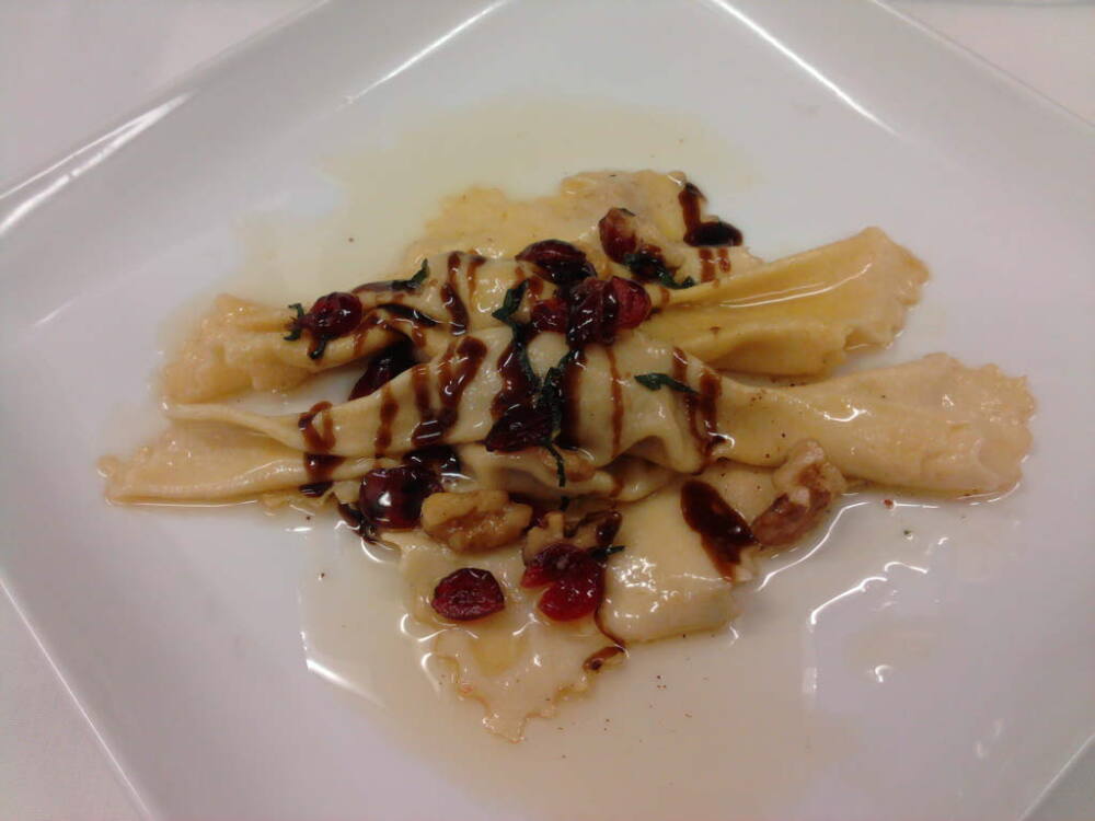 eastern ct :: pumpkin filled pasta with brown butter sage cranberries and walnuts with balsamic redux on top.  