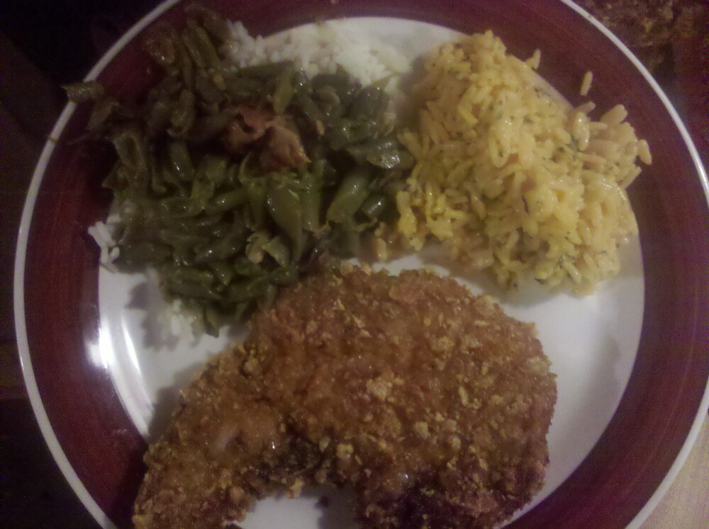 JayG :: Fried PorkChops,broccoli cheese rice. Bacon and Green Beans cooked over White rice 