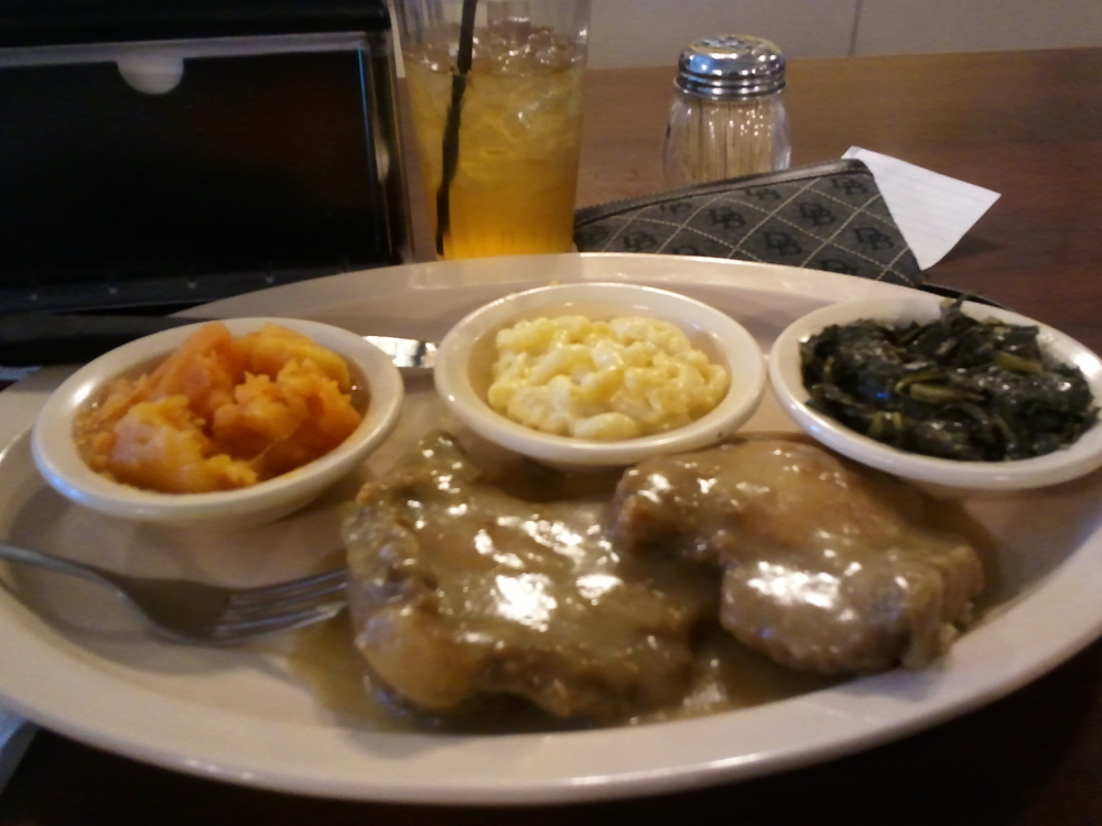 Busy Bee Cafe', Atlanta, GA :: Smothered Pork Chops w/Collards, Mac & Chz, Candied Yams, and Cornbread