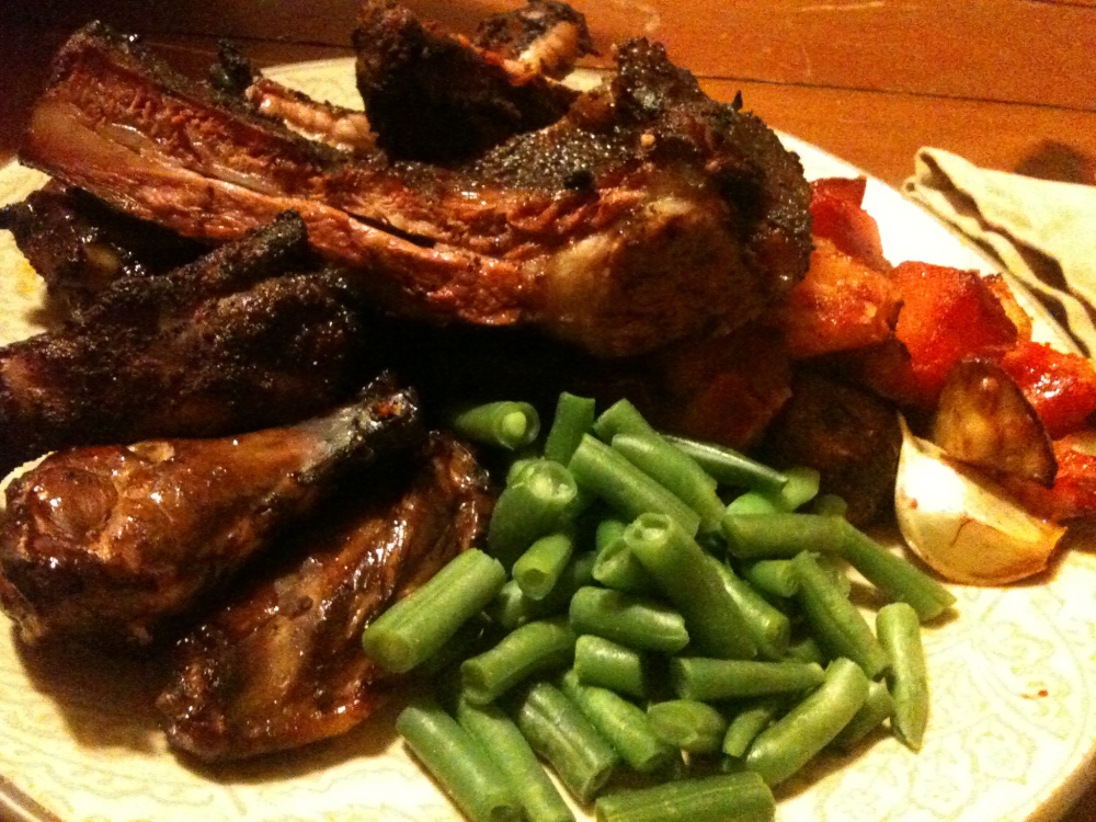 Portland, Maine :: Pork Ribs, Beef Ribs and chicken wings smoked for 7hours with some veggies on the side to make Mamma happy!
