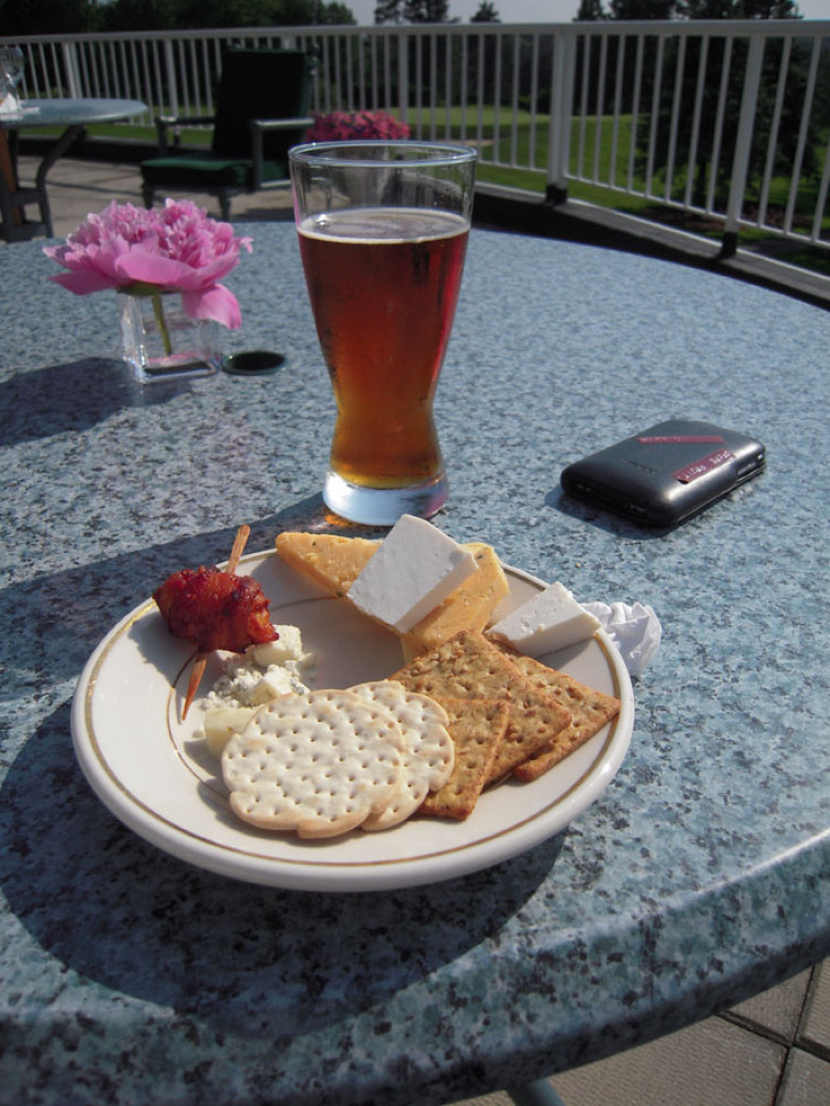 Ledgemont Country Club Seekonk :: Bass Ale with some triangley cutt cheeses&hellip; one of the cheeses was white in color that had an interesting taste&hellip;. Crumbled like a feta but wasn&rsquo;t&hellip; I took some crackers but ate them alone with out the cheese&hellip;. A scallop wrapped in bacon mixed in there as well