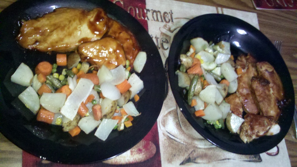 new britain ct :: bbq chicken, onions, garlic, potatoes, carrots and some frozen mixed veggies.