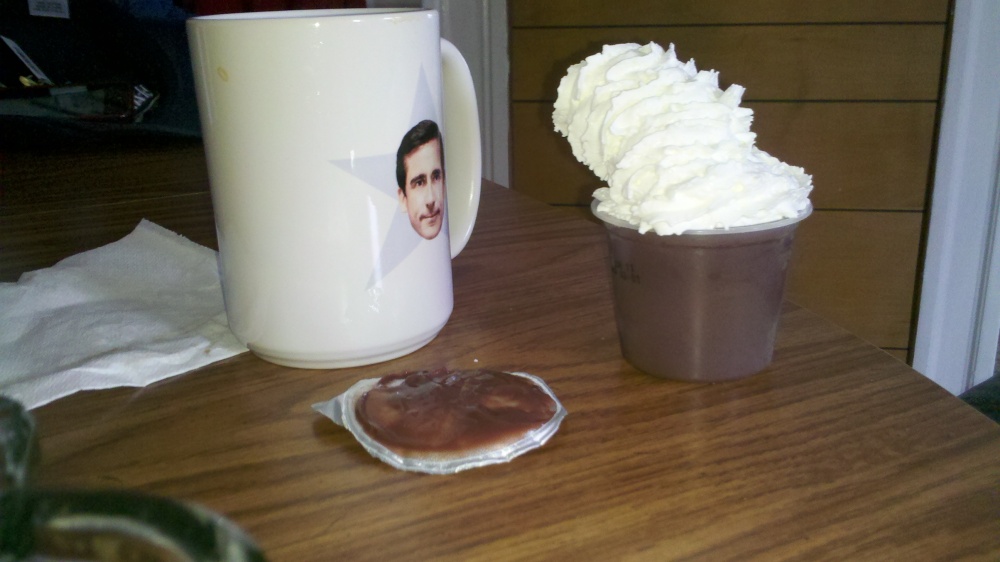 new britain ct :: this is how my husband eats his pudding cups, whipped cream and michael scott coffee :)
