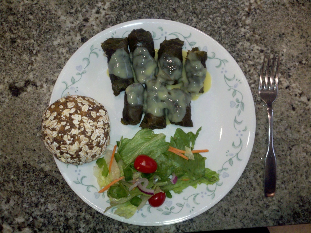 Milford, NH :: Meal of homemade Greek Dolmades (stuffed grape leaves) with Avgolemono Sauce (egg lemon sauce), Bread, and Salad, this is a meal to share !