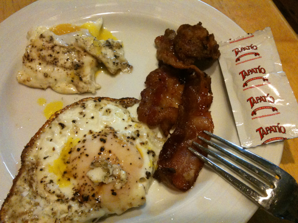 Cambridge  :: Late night eggs, bacon and packet hot sauce snack!!  I took this picture before the toast was done. Oops!!