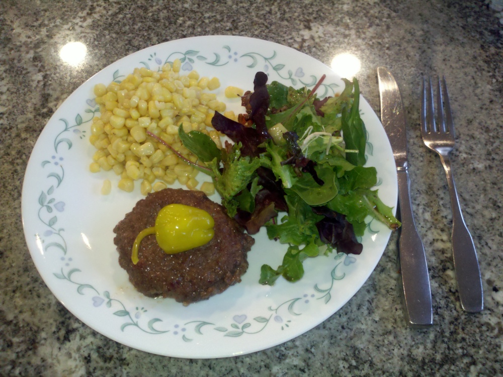 Milford, NH :: hamburger with pepper, corn, and salad 