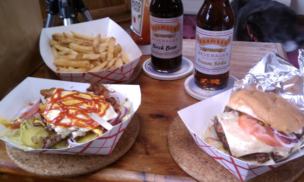 papa joe's humble kitchen Milford NH :: Texas burgers with fries and cream soda and birch beer soda