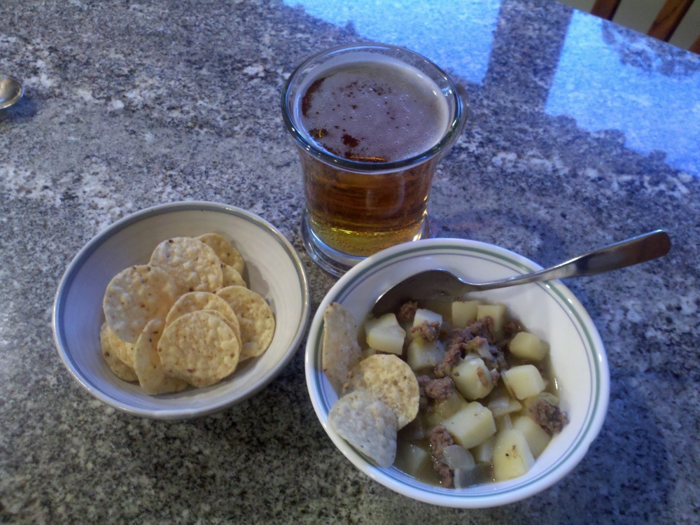 Milford, NH :: Happy Cinco De Mayo Day Dinner: Caldito - Beef and Potato Soup, with Corn Chips, and a Beer