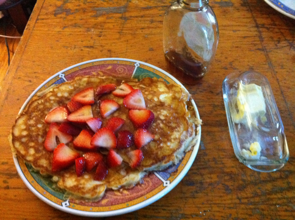 Brookline :: Sour cream pancakes, organic strawberries, and Vermont maple syrup.