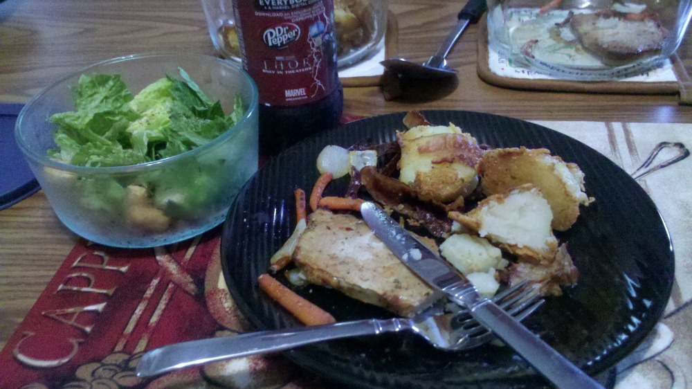 new britain ct :: made my hungry husband a cesar salad, dr. pepper,  parmesian potatoes with bacon, parsley, onion, and nutmeg, italian pork with carrots and onions for dinner :) mmm