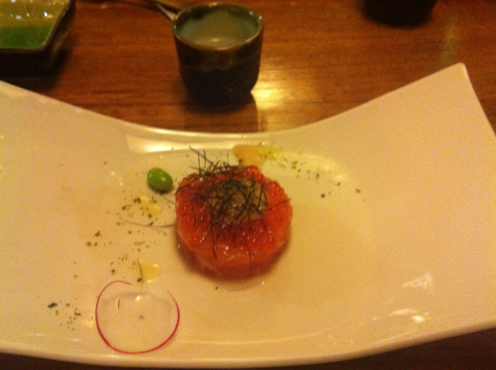 Melbourne, Australia :: @ Kinya Japanese restaurant - salmon tartar with salmon caviar & a quail egg yolk. Hot sake was awesome too!