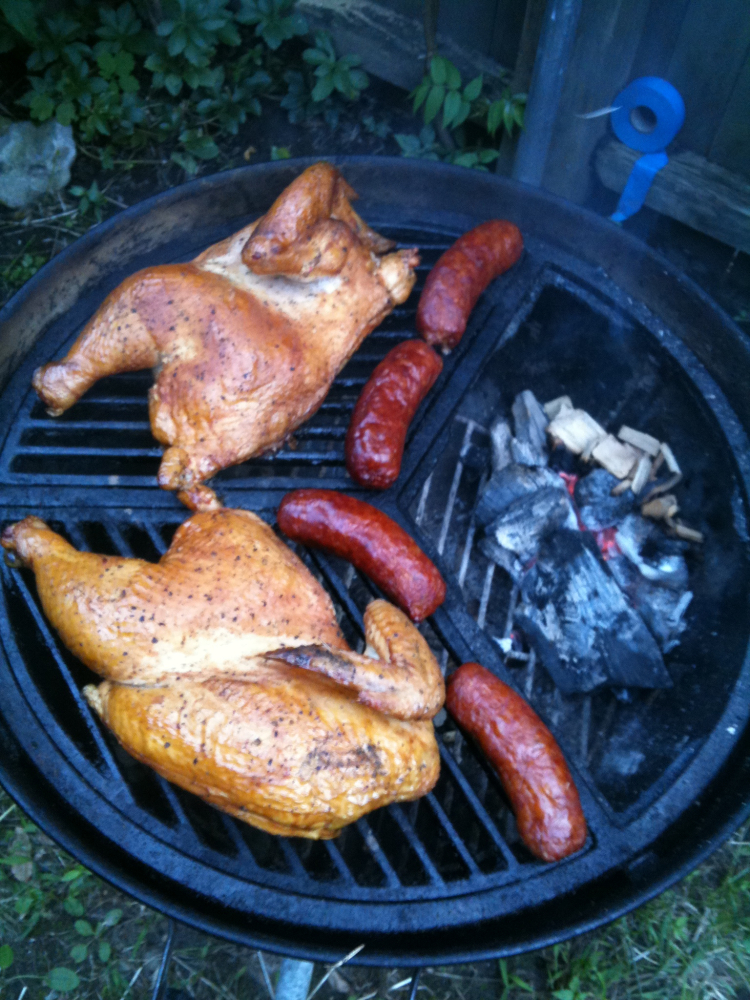 Back-Yard :: 1 chicken cut in 1/2 with some hot sausages smoking away. Smoked that bird for 4 hours. The sausages came off on 2. They were for snacking. 