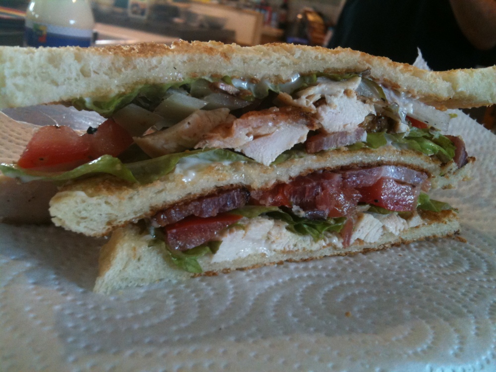 Cape Elizabeth, Maine :: Welcome to "Megga-Man Club-Sandwich" - bread, bacon, chicken, mayo, tomato, onion, lettuce, salt and pepper.