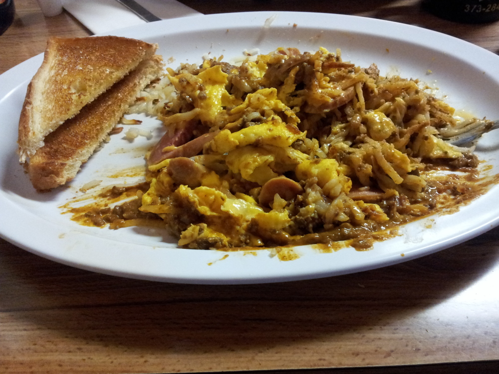 Pontiac, Michigan :: Coney Dog Omelette - Omelette stuffed with hot dogs, onions, hash browns & american cheese.