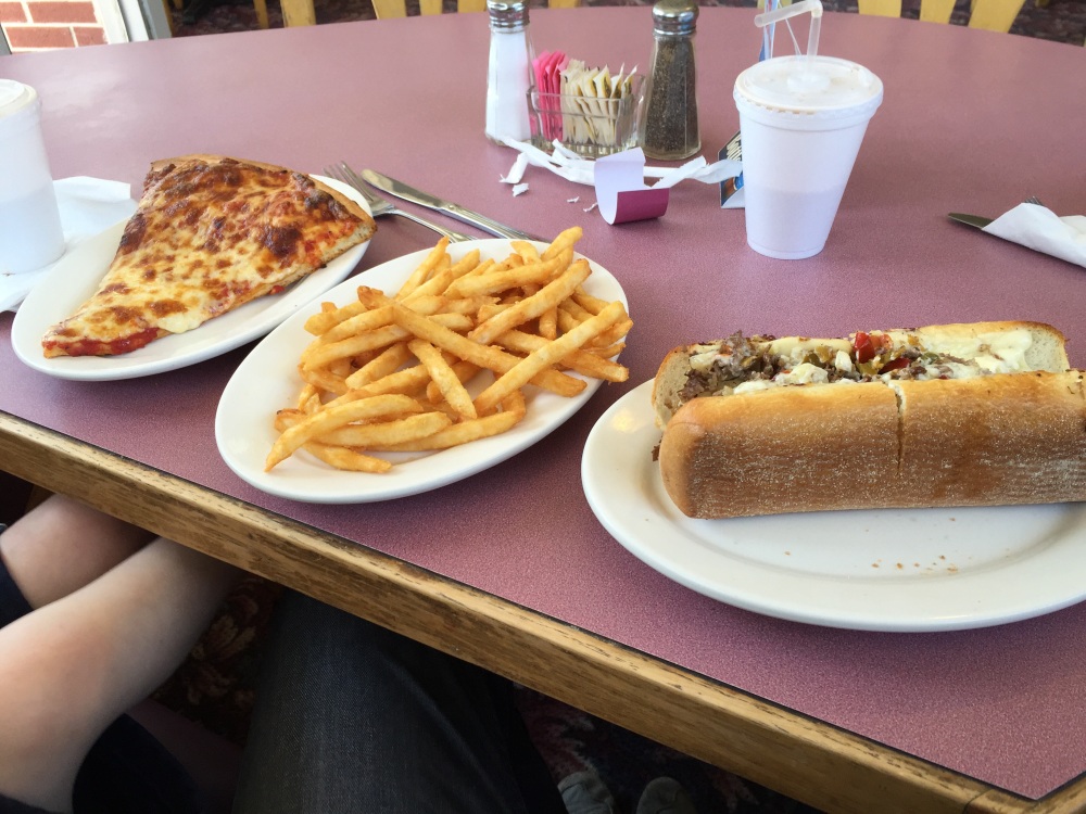 SAX Pizza Plainville CT :: Steak and cheese onions peppers, slice of cheese, fries, chocolate milk. Their steak and cheese is very good