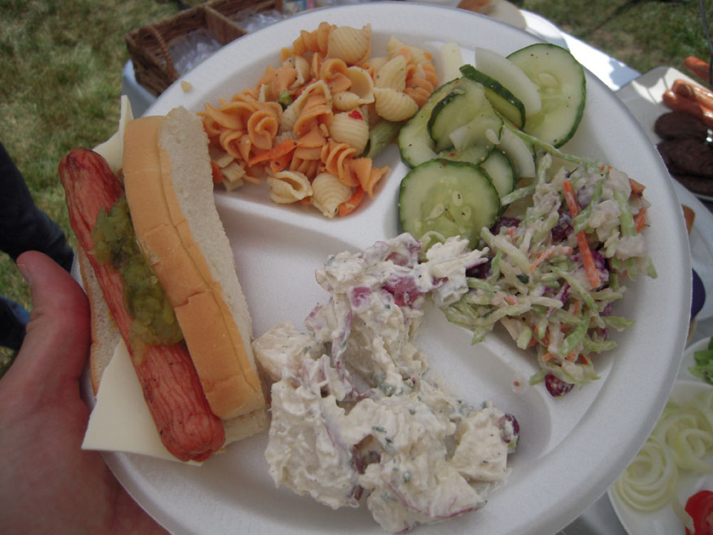 Scott and Amy's house CT :: most times I am first to the food... at this backyard grilling/party I was first to grabb the fresh dogs off the grill... I also added cheese on all the dogs I ate that day!" Pasta salad Cucumber salad and some coleslaw ended up on the plate too... I ate it all and went back for more!