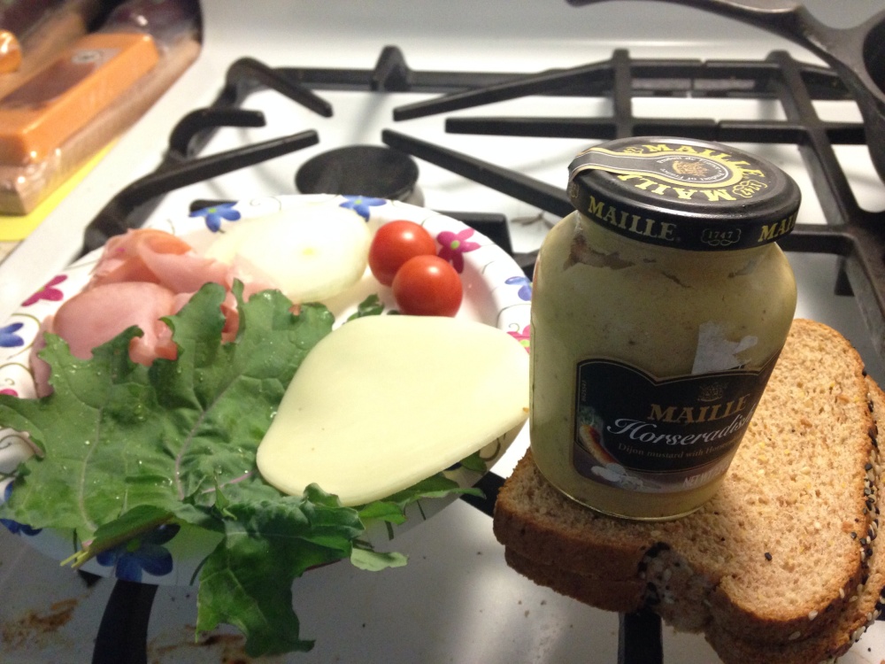 No Title :: Ham sandwich w Russian kale garden tomatoes onion provolone and horseradish mustard 