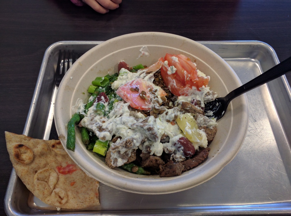 Simple Greek West Hartford CT :: Steak Bowl, feta, lentil, wheat pita, beans, tomatoes, tzaziki