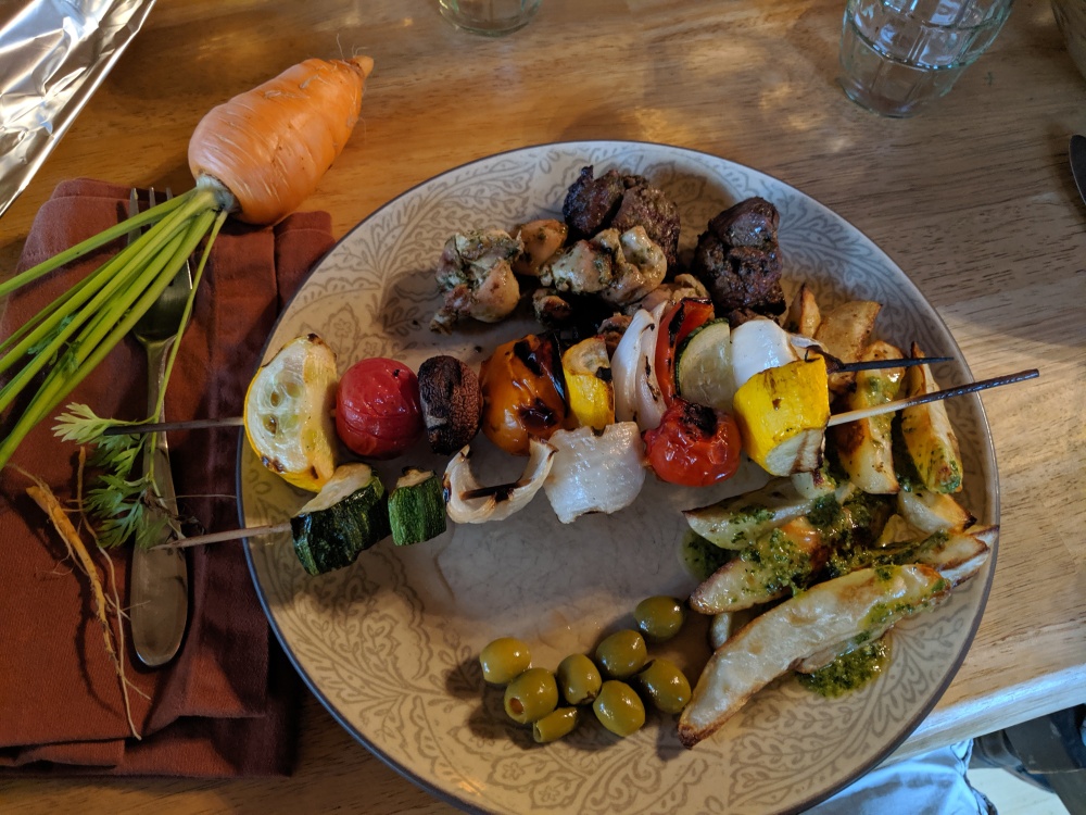 Freeport Maine :: Freshly pulled carrot, green olives, shish kebab, chicken, lamb, potato wedges